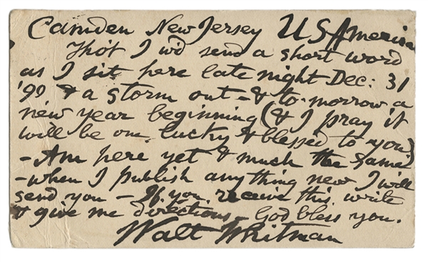 New Year’s Eve Postcard Signed, “Walt Whitman,” to the Poet Gabriel Sarrazin. 