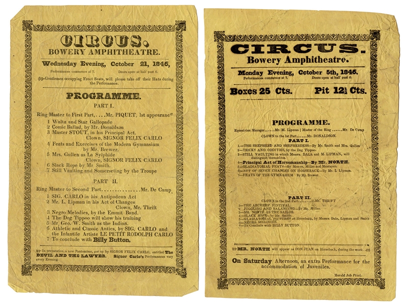 Two Circus Programs. Bowery Amphitheatre.