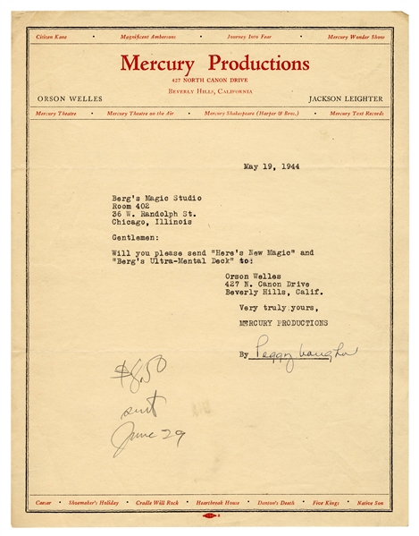 Orson Welles/Mercury Productions Letter to Berg’s Magic Studio.