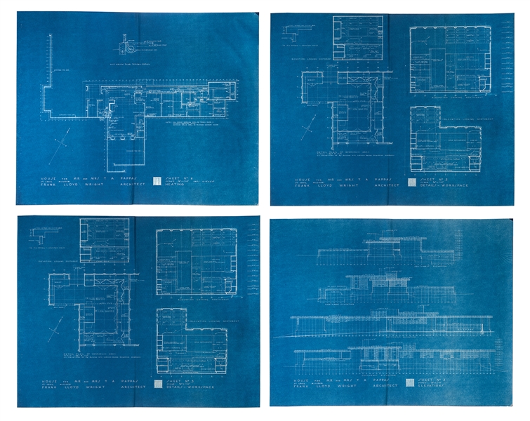 Frank Lloyd Wright. Four Blueprints to the Theodore A. Pappas House.