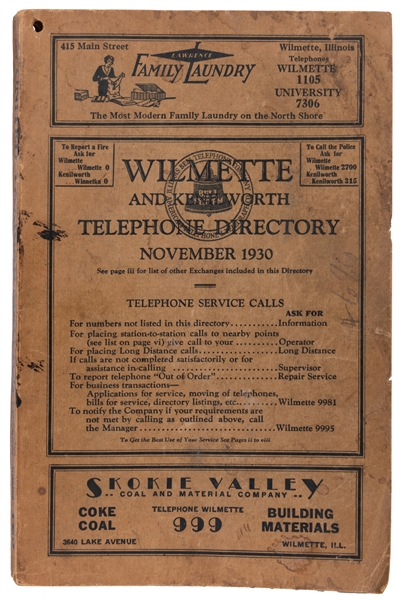 Wilmette and Kenilworth Telephone Directory. 1930.