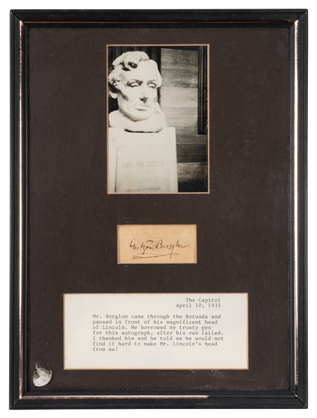 Gutzon Borglum Autograph and Lincoln Bust Photo Display.