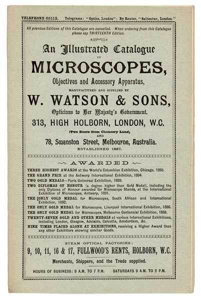 W. Watson & Sons. An Illustrated Catalogue of Microscopes, Objective and Accessory Apparatus.