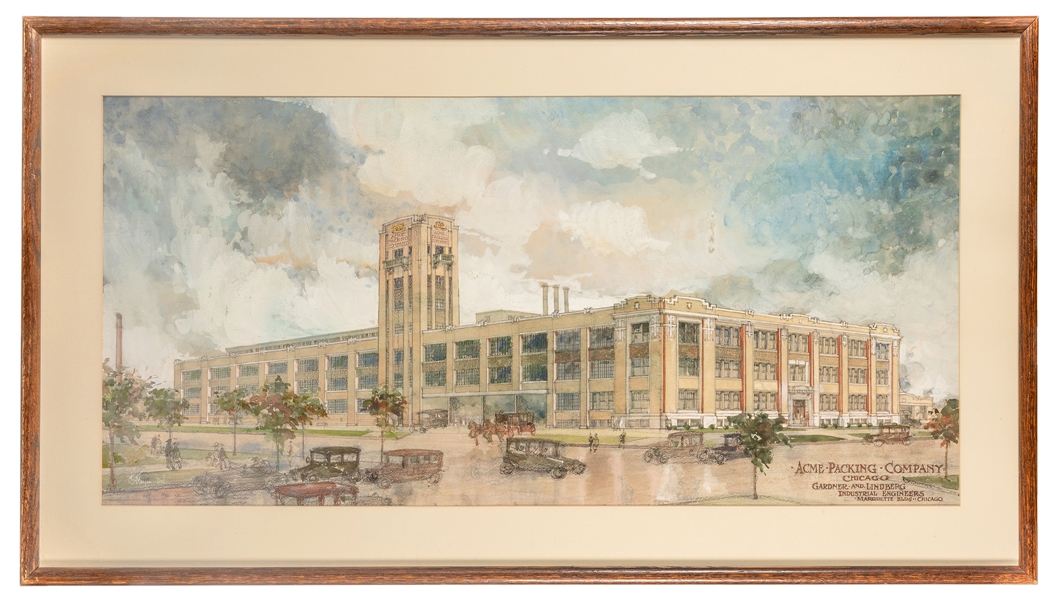 Gardner & Lindberg Architectural Watercolor Drawing of Acme Packing Co. Building.