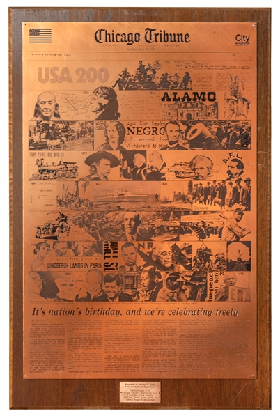 Chicago Tribune U.S. Bicentennial Presentation Front Page Copper Plate.