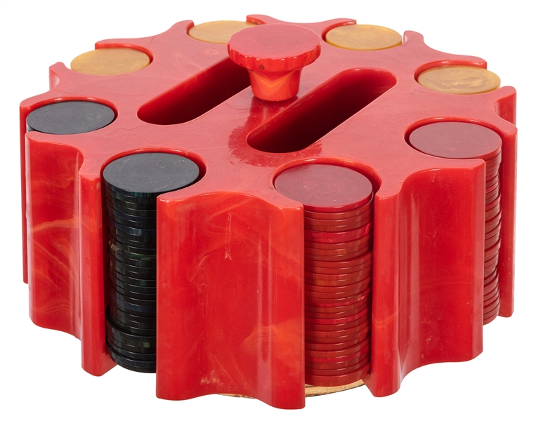 Red Bakelite Poker Chip Caddy Set.