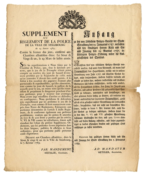 Jeu De La Triomphe. Anti-Gambling Proclamation.