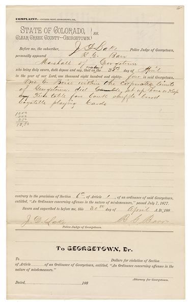 Misdemeanor Gambling Complaint Georgetown, Colorado. 1884.