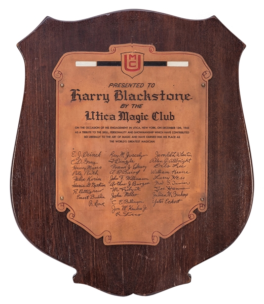 Harry Blackstone Sr. Engraved Copper Plaque.