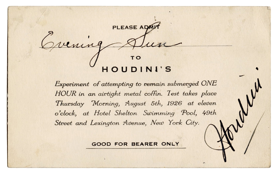 Signed Invitation to Houdini’s Underwater “Buried Alive” Test.