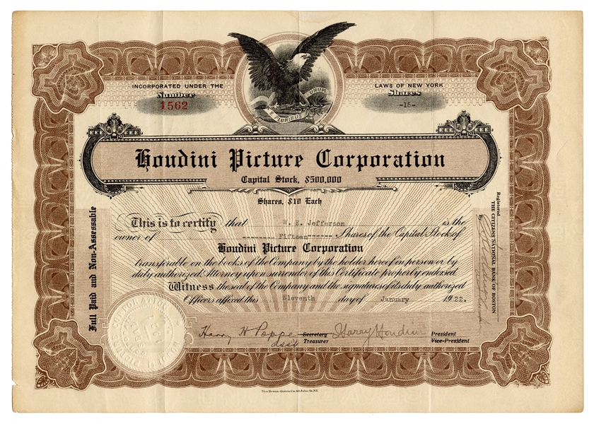 Houdini Picture Corporation Certificate, Signed.
