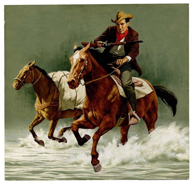Original Illustration of a Cowboy on Horseback, “A Dash for Cover.” 