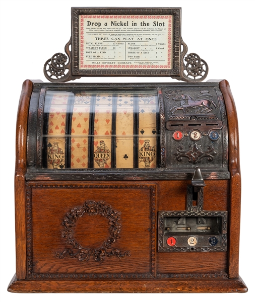 Mills Five Cent Jockey Poker Hand Trade Stimulator / Slot Machine.
