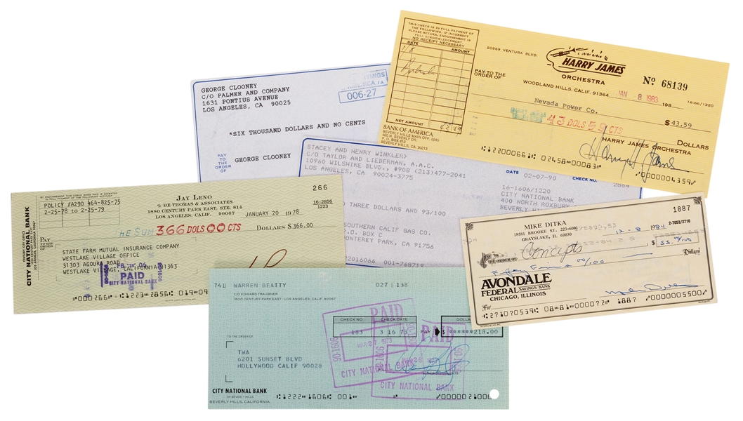 Actors and Entertainers. Six Signed Checks.