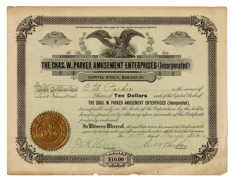 C.W. Parker Amusement Enterprises Stock Certificate.