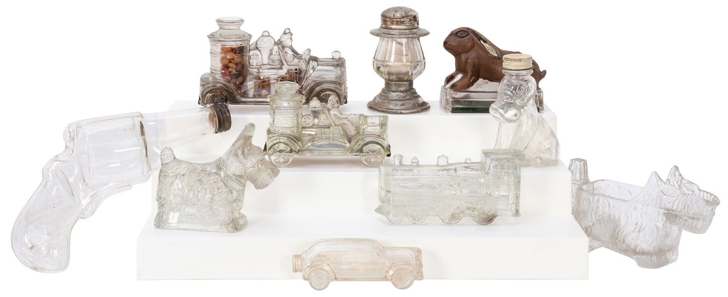  Figural Glass Candy Containers. Lot of 10. Nine colorless a...