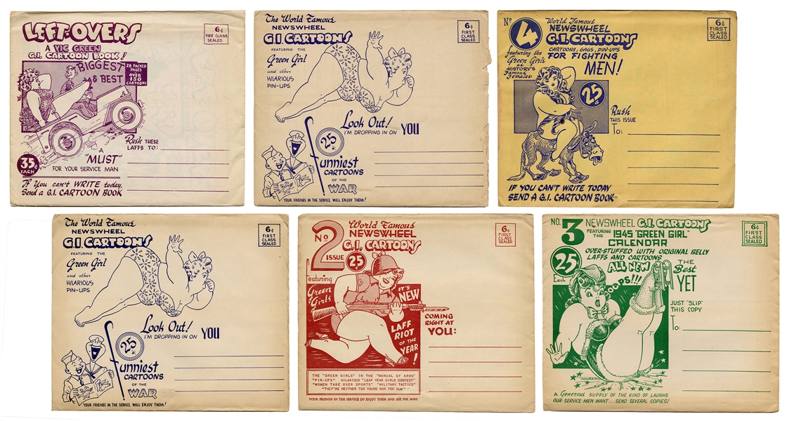  Newswheel G.I. Cartoons Pin-Up Mailer Set. 1940s. Six packe...