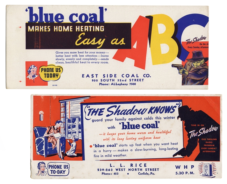  The Shadow “Blue Coal” Radio Ink Blotters. 2 pcs. 1940s. Bl...