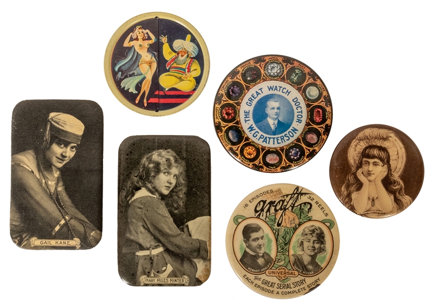  Assorted Pocket Mirrors and Pinbacks from Silent Movies, Va...