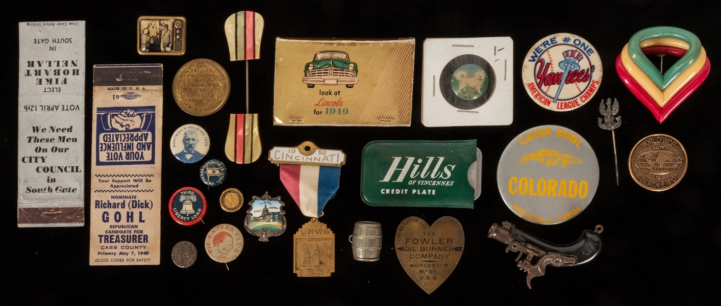  Box of Vintage Pins, Buttons, Premiums, and Miniatures. 191...