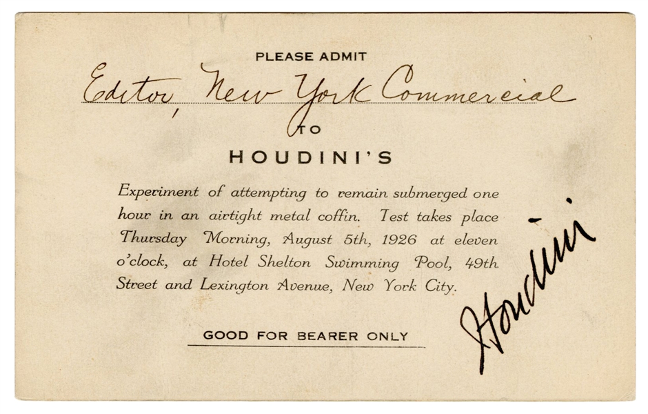  Houdini, Harry (Ehrich Weisz). Signed Invitation to Houdini...