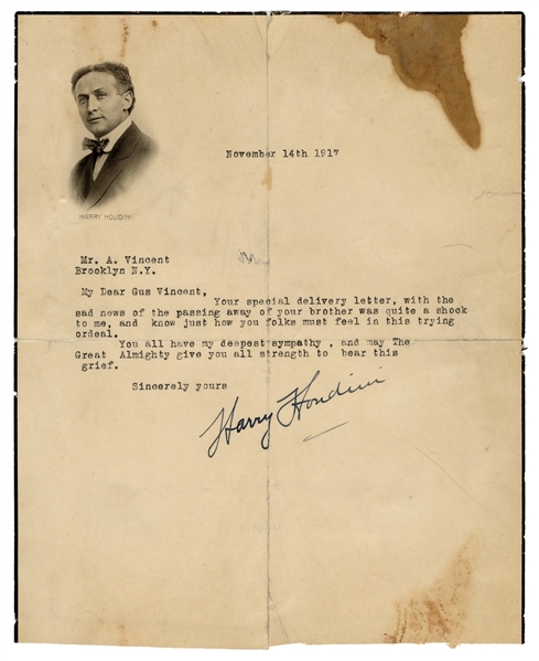  Houdini, Harry. Houdini Typed Letter Signed. New York: Feb....