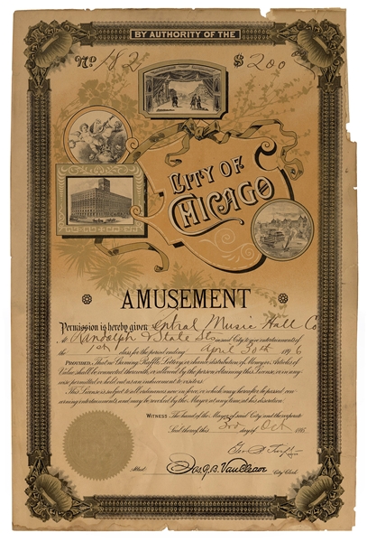  City of Chicago Amusement License. 1895. License #182. Lith...