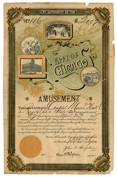  City of Chicago Amusement License. 1894. License #116. Lith...