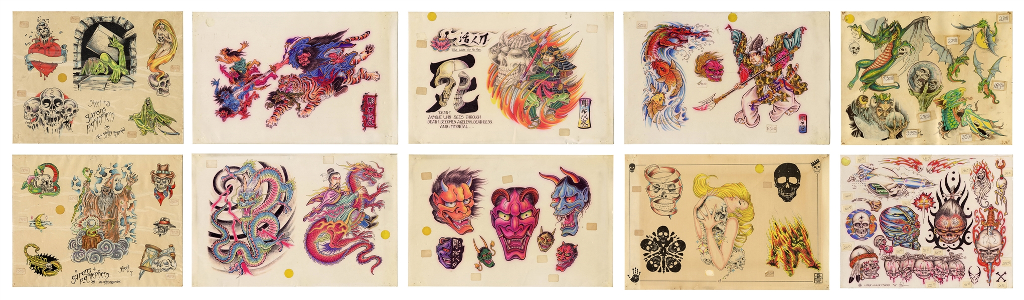  [Tattoo] Ten Sheets of Tattoo Flash. 1980s/90s. Laminated c...