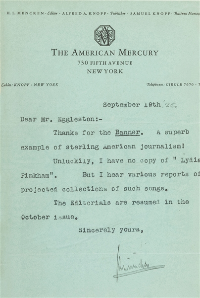  MENCKEN, H.L. (1880–1956). H.L. Mencken Type Letter Signed....