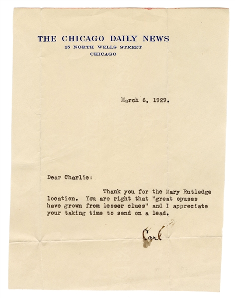  SANDBURG, Carl (1878-1967). Typed Letter Signed by Carl San...