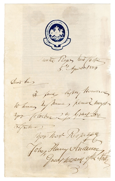 Anderson, John Henry. Autograph Letter Signed by Anderson, Great Wizard of the North. 