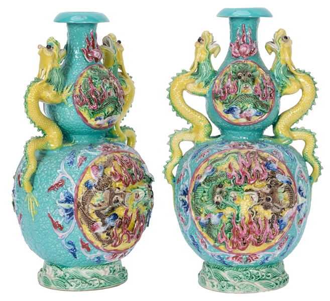  Pair of Chinese Sancai Vases with Double Dragon Handles. 20...