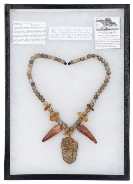  [JEWELRY] Trilobite Necklace. Mammoth bone and raw amber be...