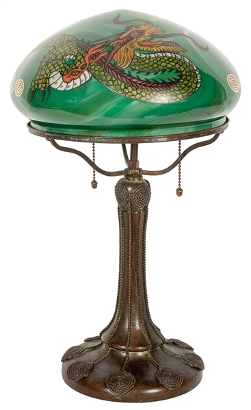  Handel Table Lamp with Reverse-Painted Dragon Shade. Base m...