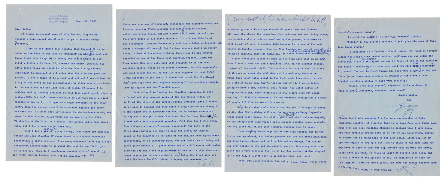 CHANDLER, Raymond (1888–1959). Typed letter signed (“Ray”) ...