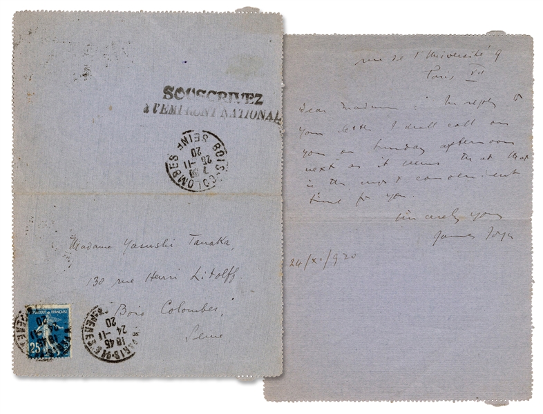  JOYCE, James (1882–1941). Autographed letter signed (“James...