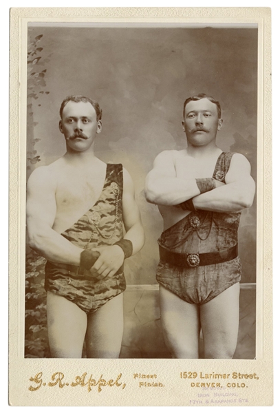  [STRONGMEN]. Cabinet photo of strongmen. Denver: G.R. Appel...
