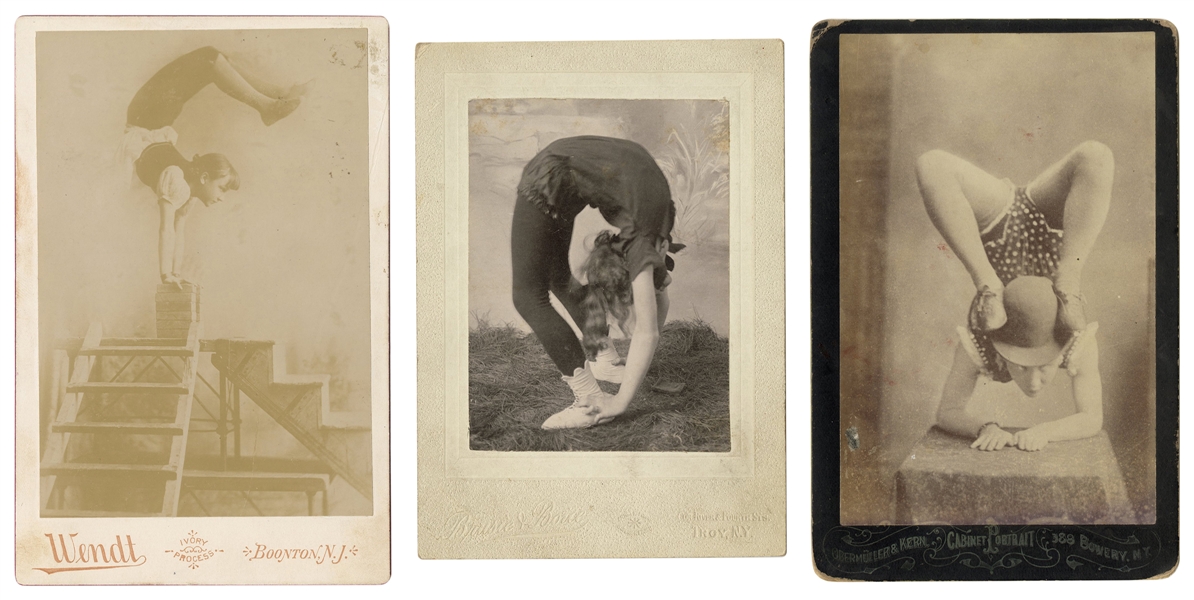  [CONTORTIONISTS]. Three cabinet card portraits of contortio...