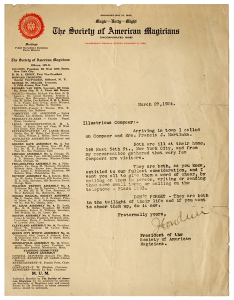  HOUDINI, Harry (Ehrich Weisz). Letter Signed (“Houdini”), a...