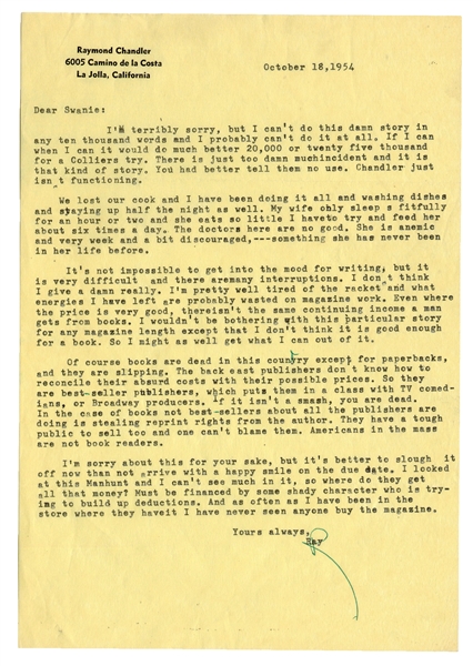  CHANDLER, Raymond (1888–1959). Typed letter signed (“Ray”) ...