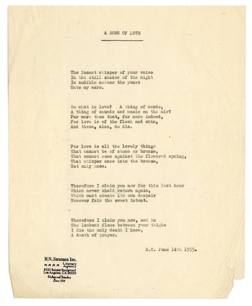  CHANDLER, Raymond (1888–1959). Typed manuscript (“A Song of...