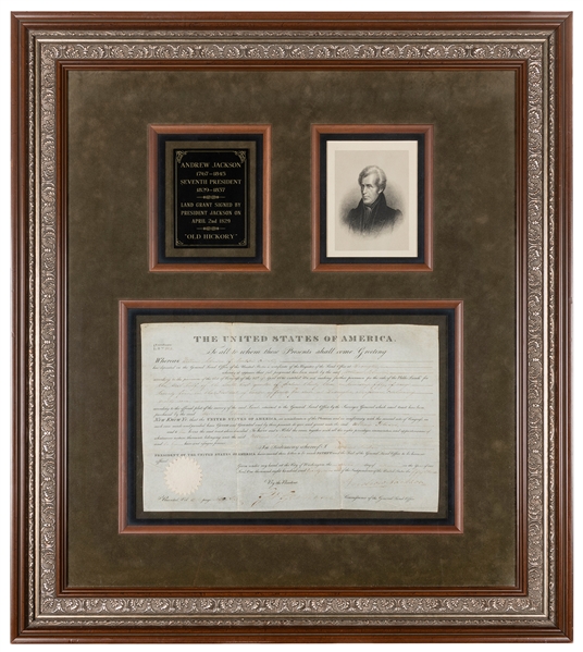  JACKSON, Andrew (1767-1845). Signed presidential land grant...