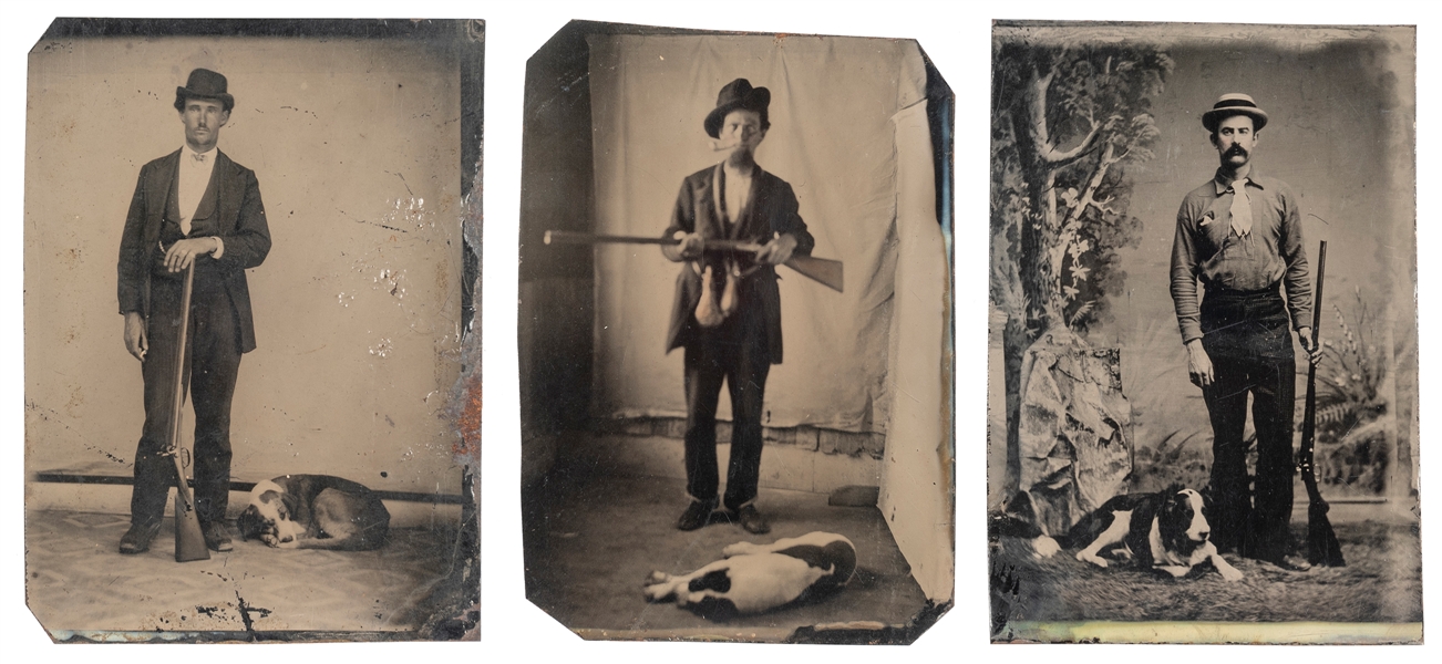 Three tintypes of hunters with shotguns and dogs. 19th Cent...