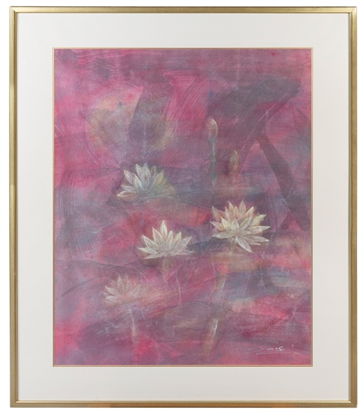  [UNKNOWN ARTIST]. Waterlillies. Multi-media on paper. Signe...