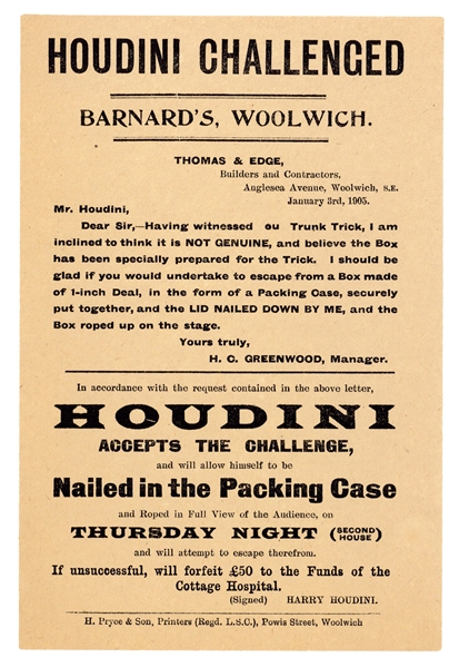  HOUDINI, Harry (1874-1926). Houdini Challenge. Barnard’s Wo...