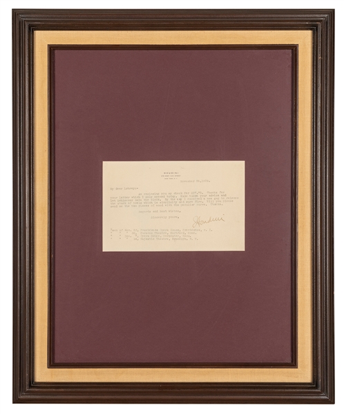  HOUDINI, Harry (1874-1926). Typed Note Signed by Houdini. N...