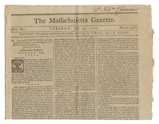  [ADAMS, John (1735-1826)]. The Massachusetts Gazette. An ex...