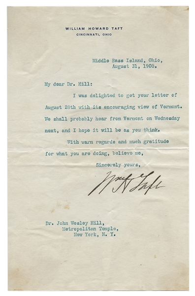 Autograph Letter Signed, “Wm. H. Taft,” to John Wesley Hill. 