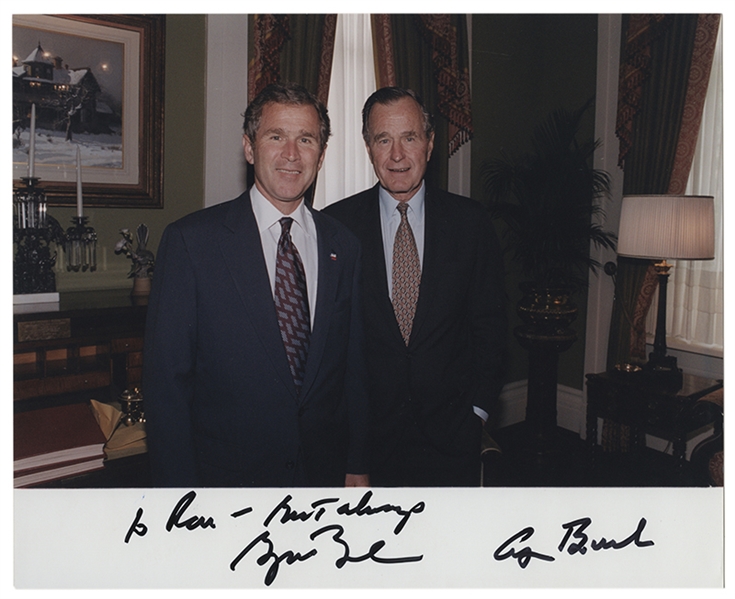 Superb Color Photograph Signed by Presidents George H.W. and George W. Bush.